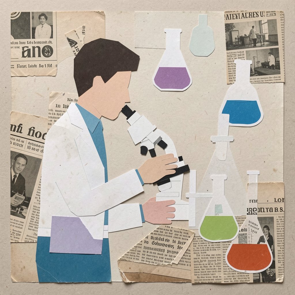 A scientist at a microscope, cut from paper and newsprint