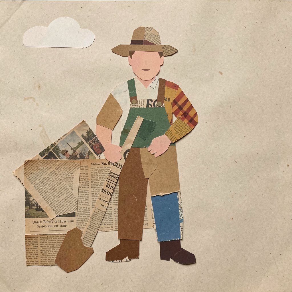 A farmer in a straw hat, cut from paper and newsprint
