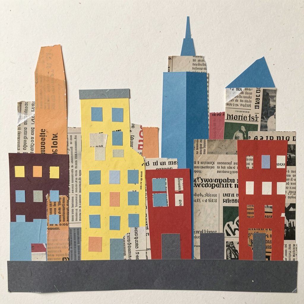 A city skyline, cut from paper and newsprint