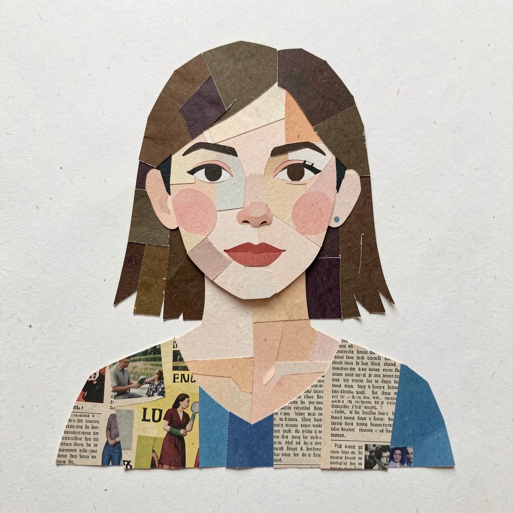 A portrait of a woman, cut from paper and newsprint