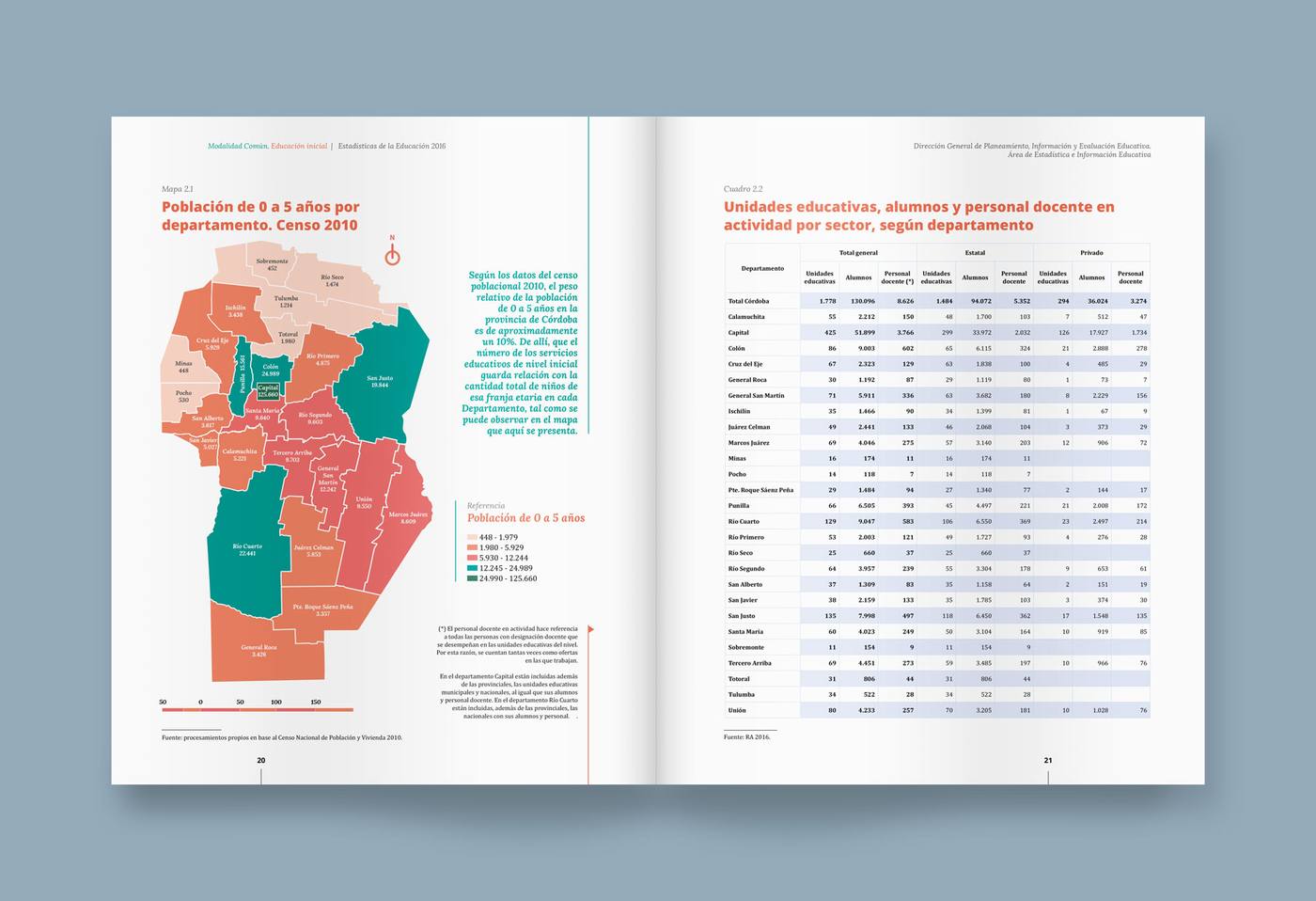 A spread with a map of Córdoba by department next to the matching table