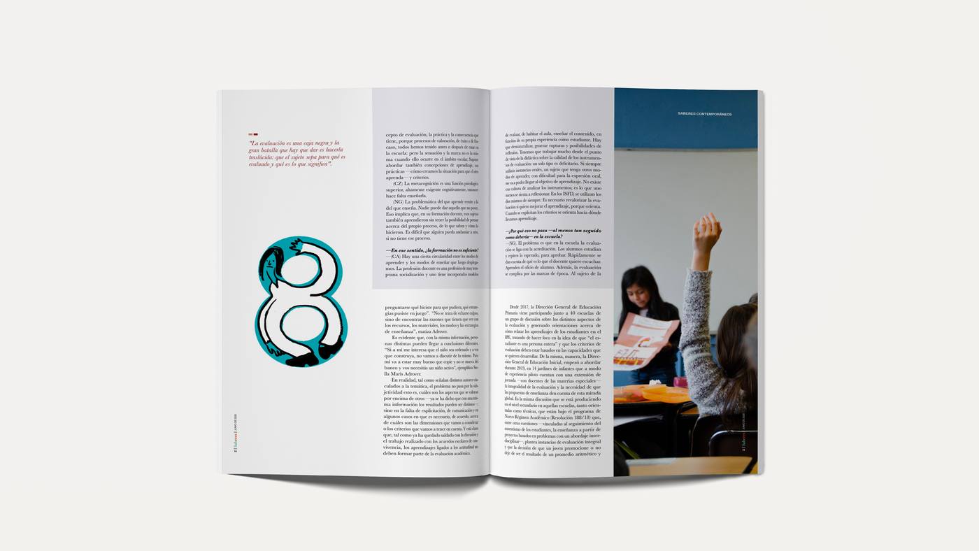 A spread with a large decorative numeral and a photograph of a classroom