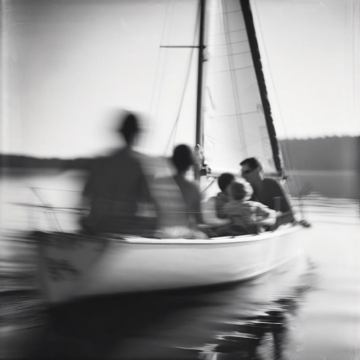 A family in a sailboat on a lake, blurred by a long exposure