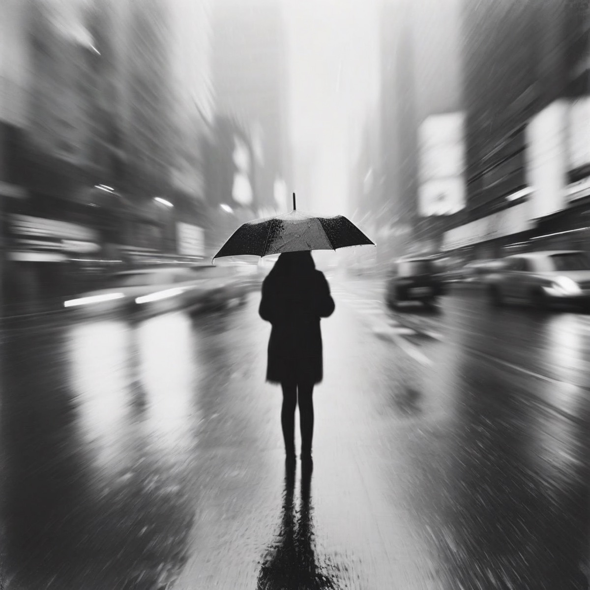 A figure with an umbrella standing still on a rain-soaked city street