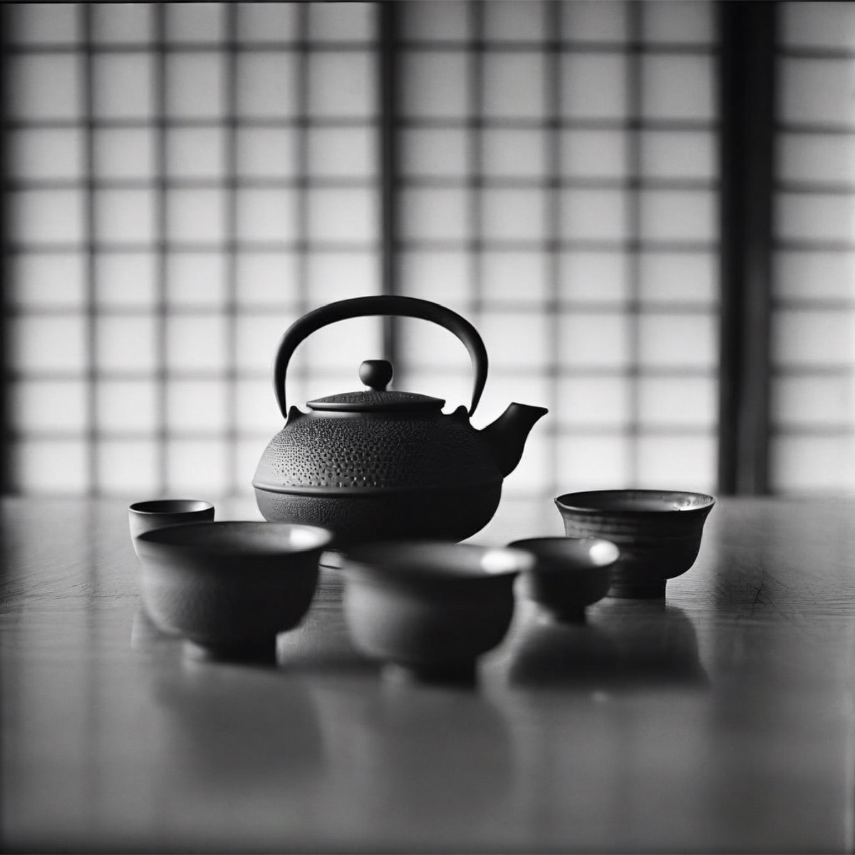 A cast iron teapot and cups on a table, backlit by a paper screen