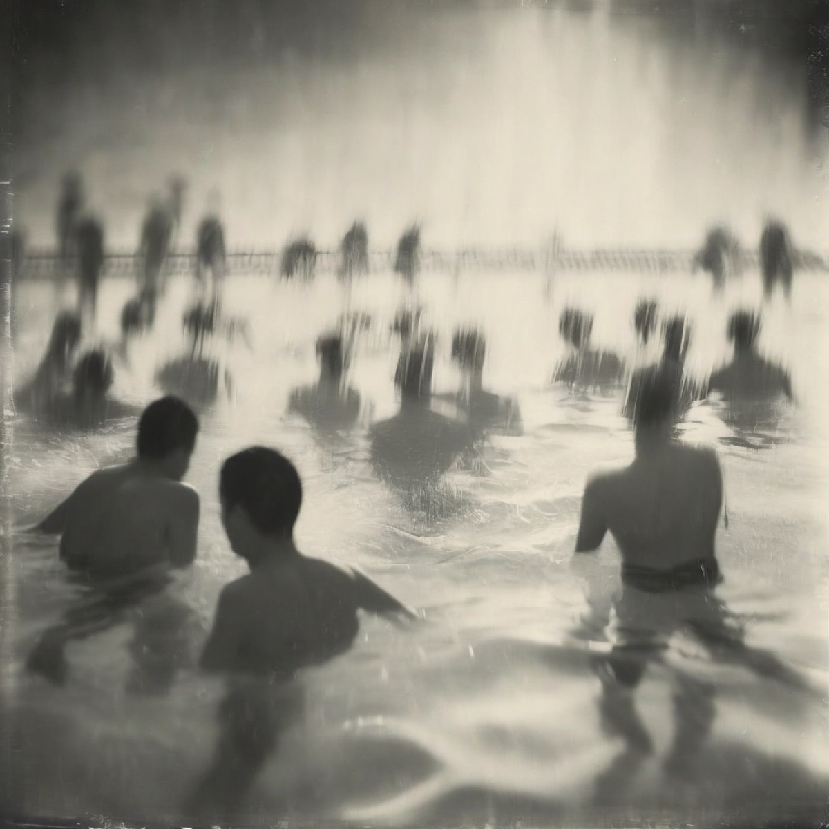 People standing in a public swimming pool, softly blurred