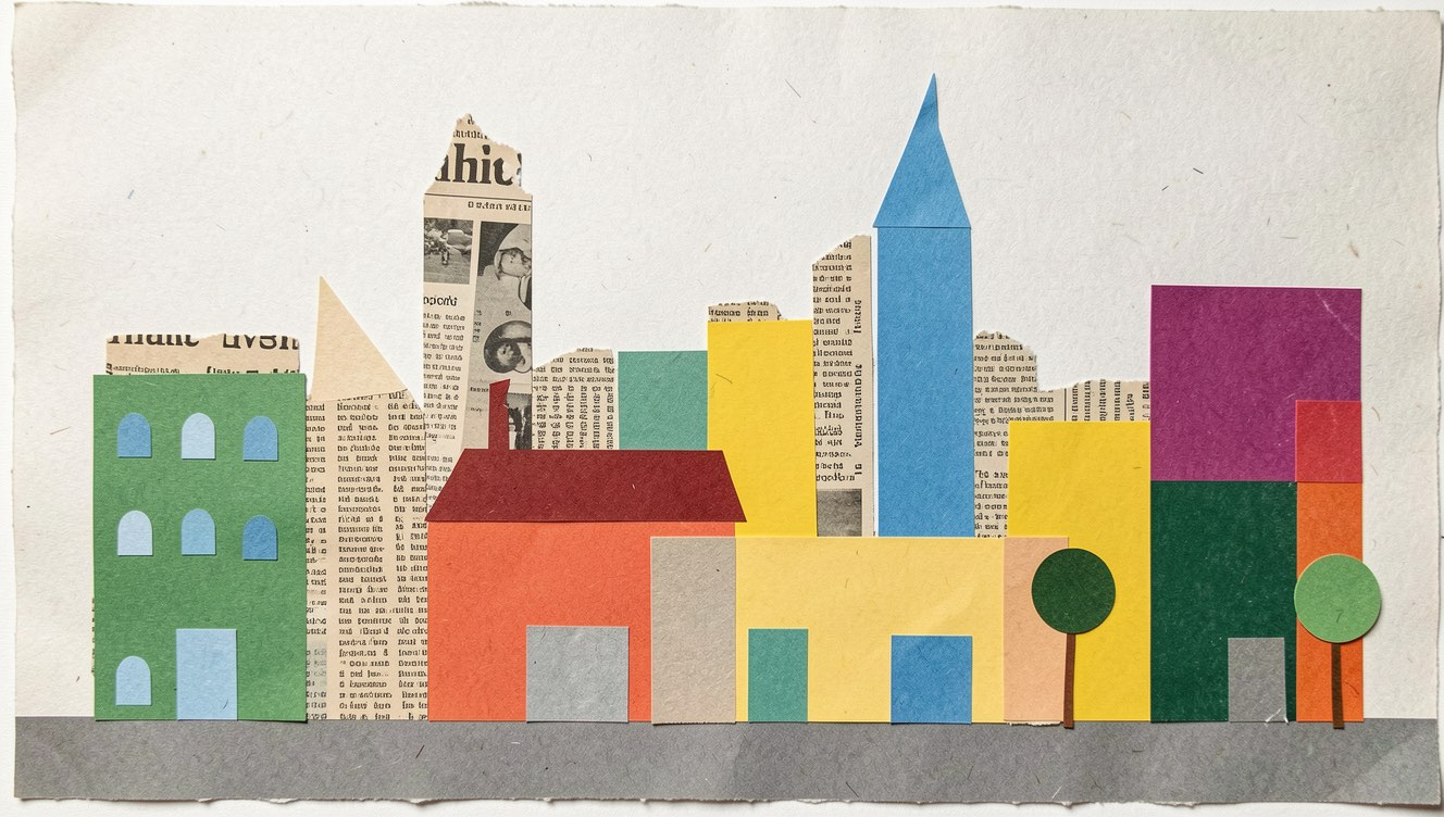 Paper collage of a city skyline, generated with the prompt template system