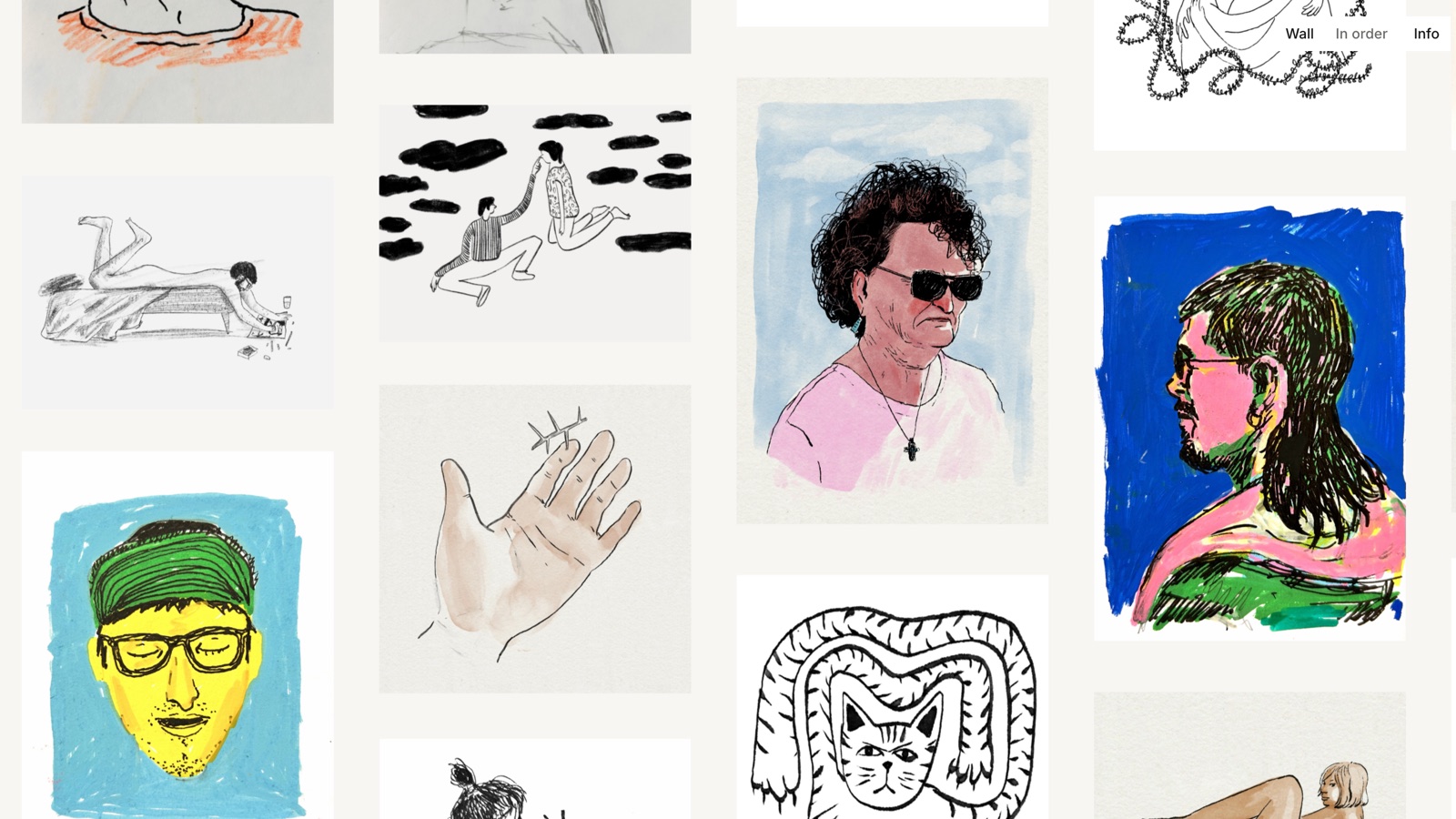 The sketchbook wall: columns of drawings in ink, marker, pencil and watercolour